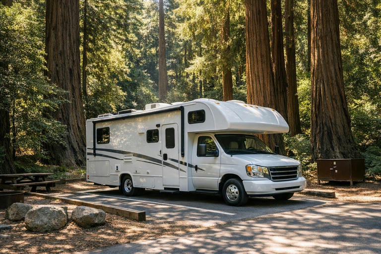 Motorhome campsite among redwoods at Pfeiffer Big Sur State Park
