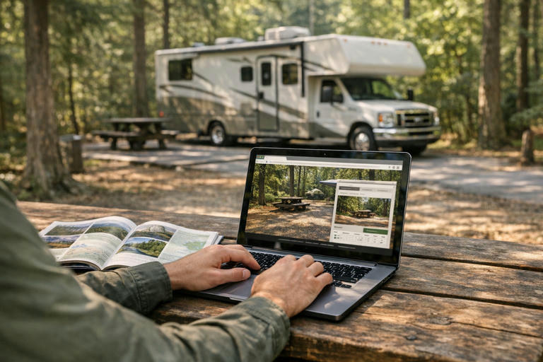 Traveler reserving a national park campsite online at a picnic table with an RV nearby.