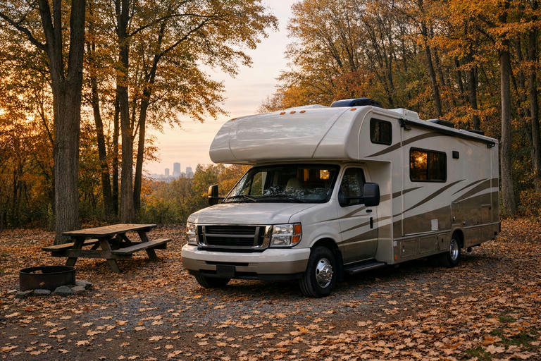 Motorhome parked at a leafy campground near Philadelphia in autumn