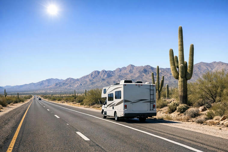 Motorhome driving on desert highway between Phoenix and Tucson with tall saguaro cacti and distant mountains.