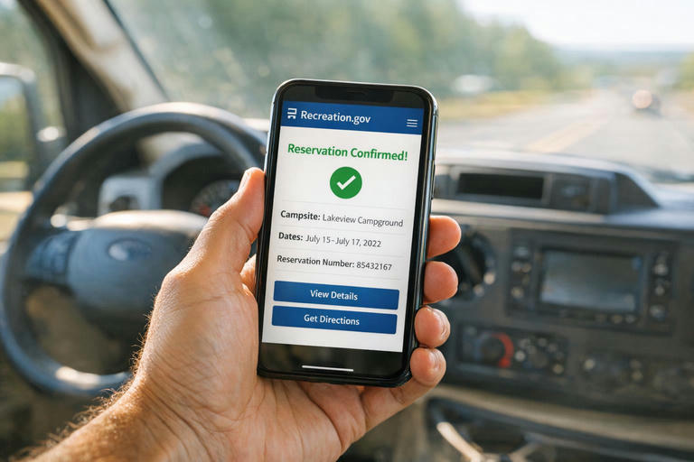 Smartphone displaying a Recreation.gov timed entry reservation confirmation inside an RV.