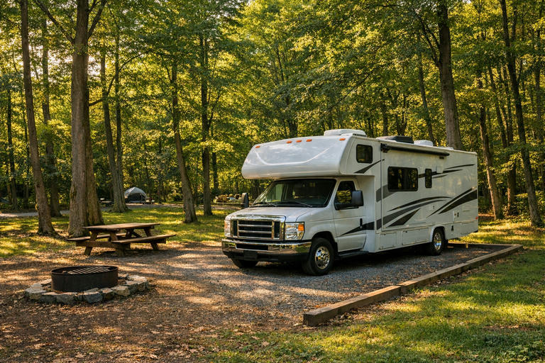 Motorhome parked at a wooded Hudson Valley state park campground.