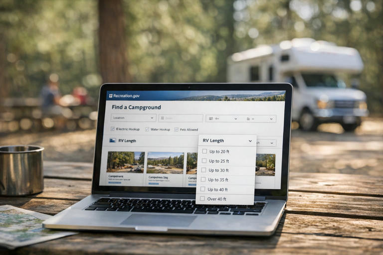 Laptop showing Recreation.gov campground reservation page with RV length filter options.