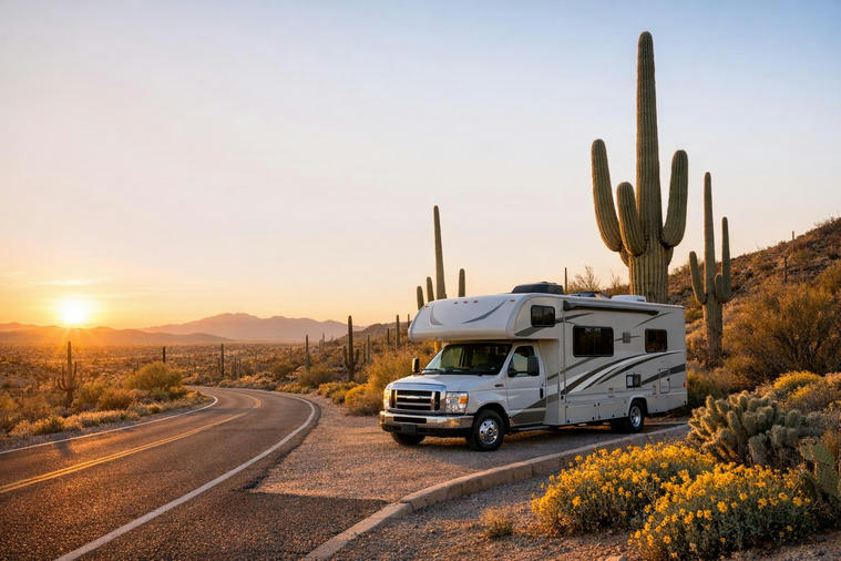 Motorhome at sunset among saguaro cacti and spring wildflowers near Tucson.