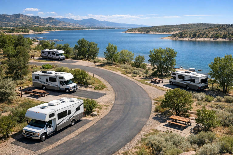 Paved campground loop at a Colorado reservoir with motorhomes parked in marked sites.