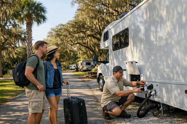 Couple receiving an RV orientation at a Florida campground site.