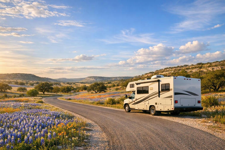 Motorhome parked in Texas Hill Country campground with bluebonnets in bloom.
