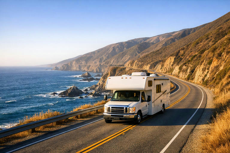 Motorhome driving along Highway 1 on the California coast in summer