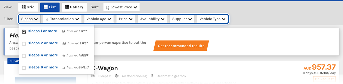 The filter bar highlighted above the results, with the Sleeps filter open.