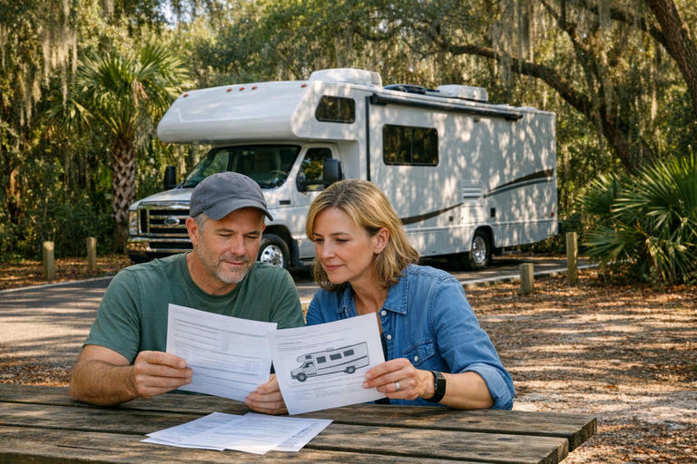 First-time renters checking campsite details beside a campervan.