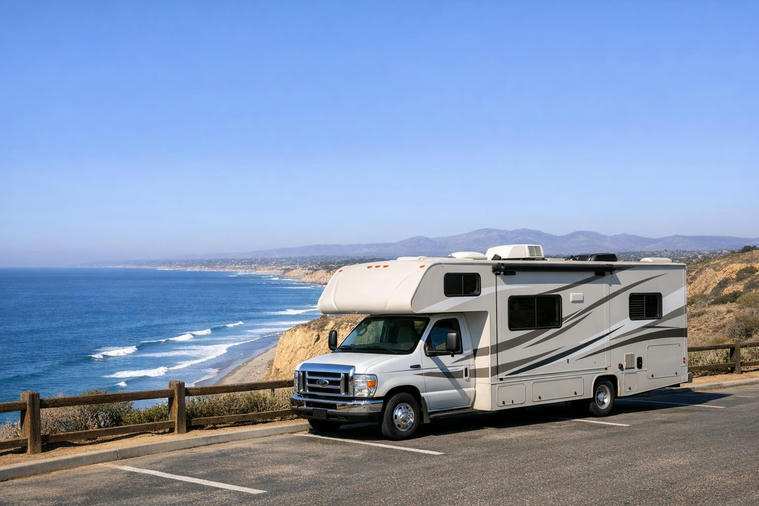 Class C motorhome overlooking the Pacific coast near San Diego with desert mountains in the distance.