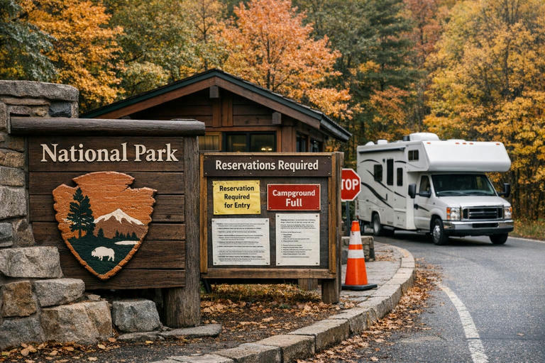 National Park entrance sign and ranger station with posted reservation and fee information