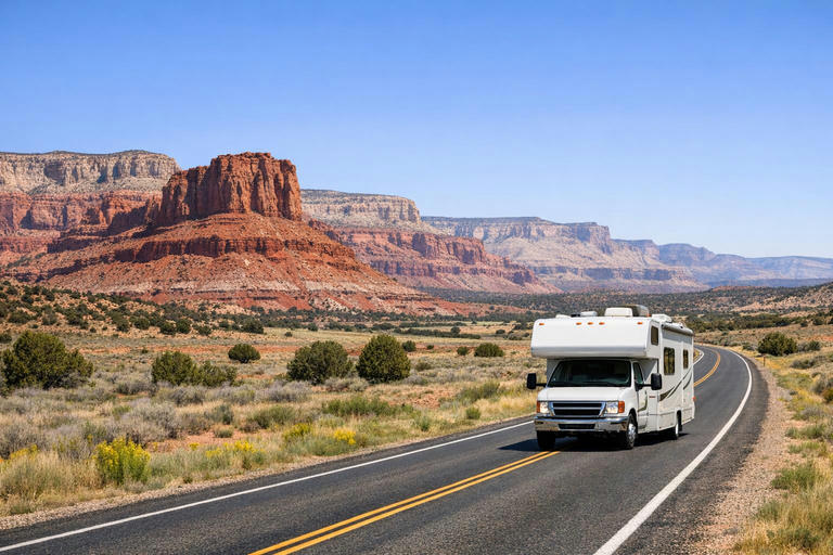 Campervan driving on a scenic highway through southern Utah red rock landscape in spring.