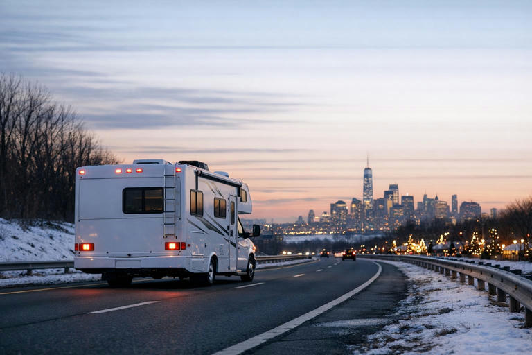 Compact motorhome approaching a Northeast US city at winter dusk