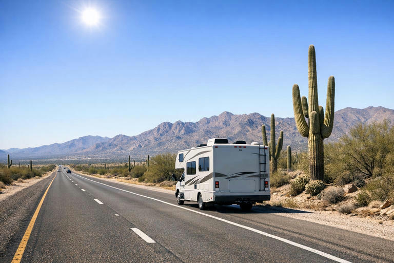 Motorhome driving on desert highway between Phoenix and Tucson with tall saguaro cacti and distant mountains.