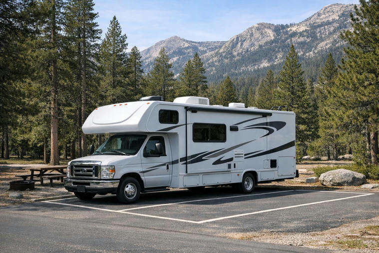 Class C motorhome parked at a marked campsite in a U.S. national park campground.