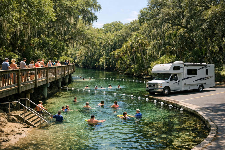 Swimmers and boardwalk at Blue Spring State Park in summer.