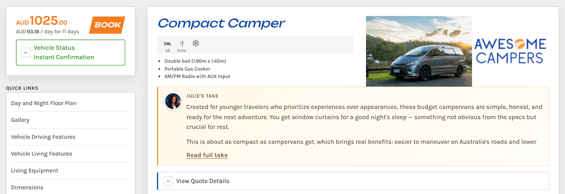 A campervan's More details page, with the price, vehicle status and quick links.