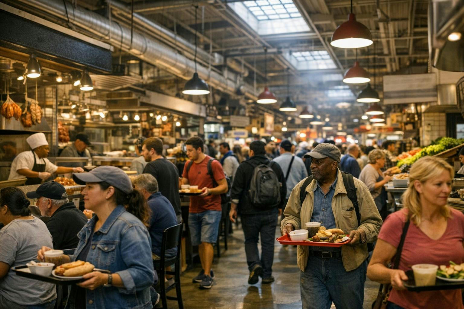 Lunch crowd inside Reading Terminal Market in Center City.