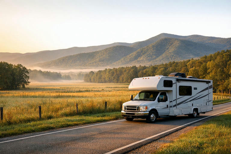 Motorhome on Cades Cove Loop Road at sunrise