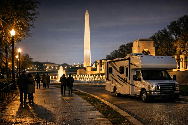 Visitors walking near the World War II Memorial at night.