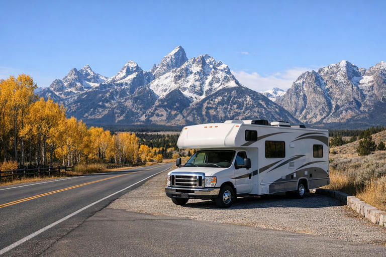 Motorhome at roadside pullout along Teton Park Road in fall.