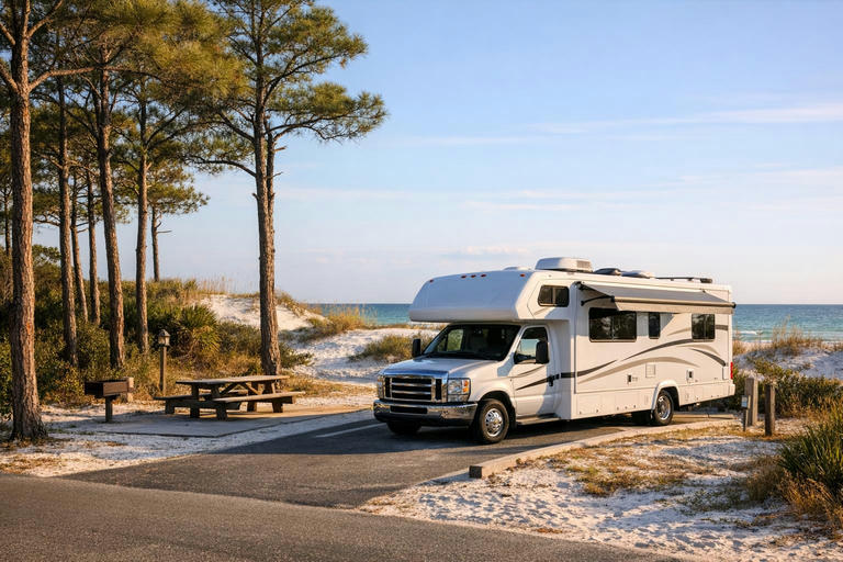 Beachfront Florida State Park campground with motorhome in a marked site.