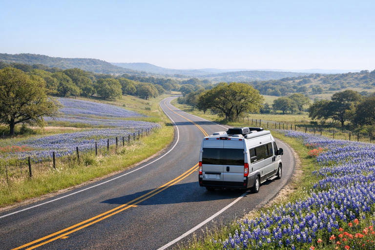Campervan driving on right side of Hill Country highway with bluebonnets.