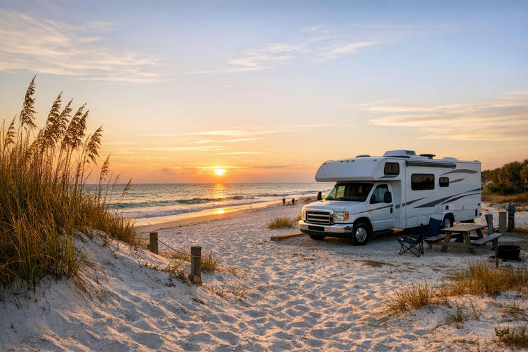 White sand Gulf Coast beach with motorhome parked at nearby beachfront campground.