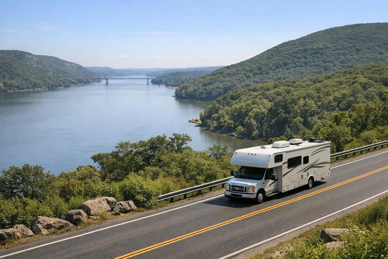 Motorhome driving along a scenic Hudson River road in summer.