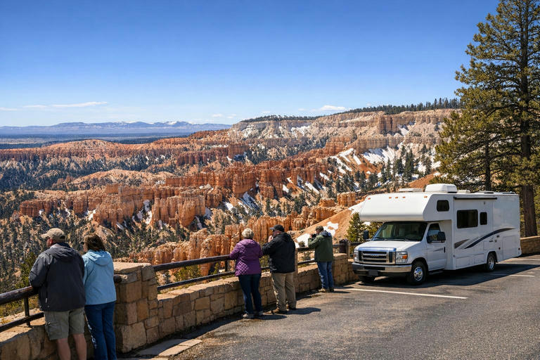 Bryce Canyon hoodoos and rim overlook in spring with light snow.