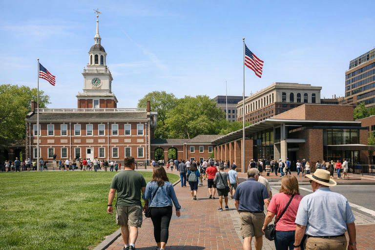 Visitors walking through Independence National Historical Park in spring.