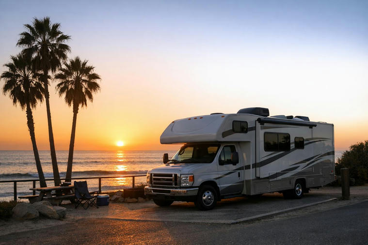 Motorhome parked at a Southern California beach campground at sunset in winter.