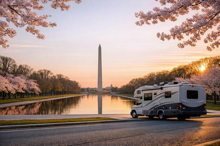 Sunrise view across the Reflecting Pool toward the Washington Monument in spring