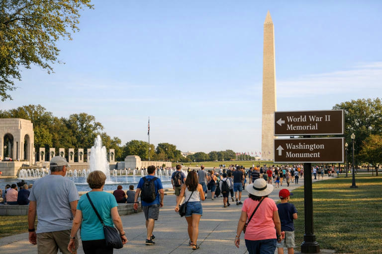 Visitors walking on the National Mall near the World War II Memorial in spring