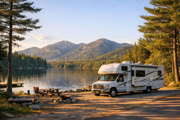 Motorhome parked beside a lake in the Adirondacks with mountains behind.