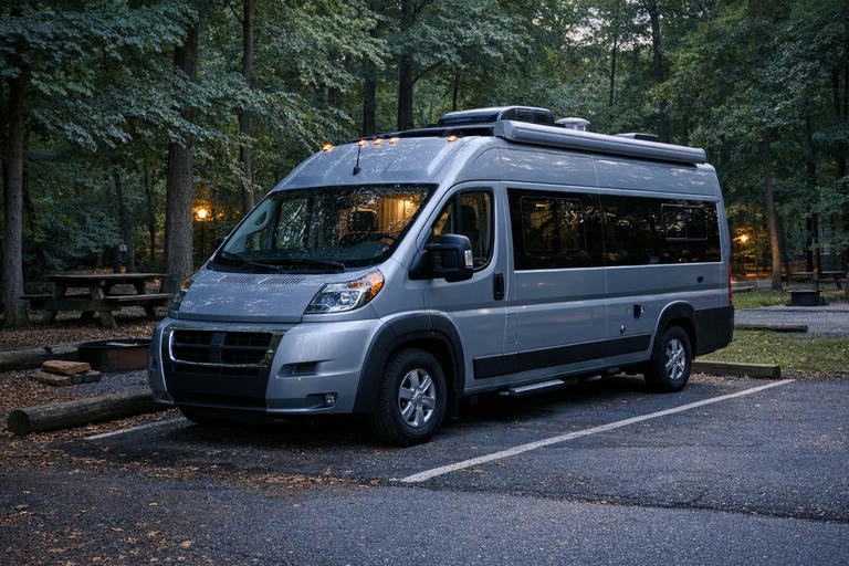 Campervan parked at a wooded campground near Washington, DC.