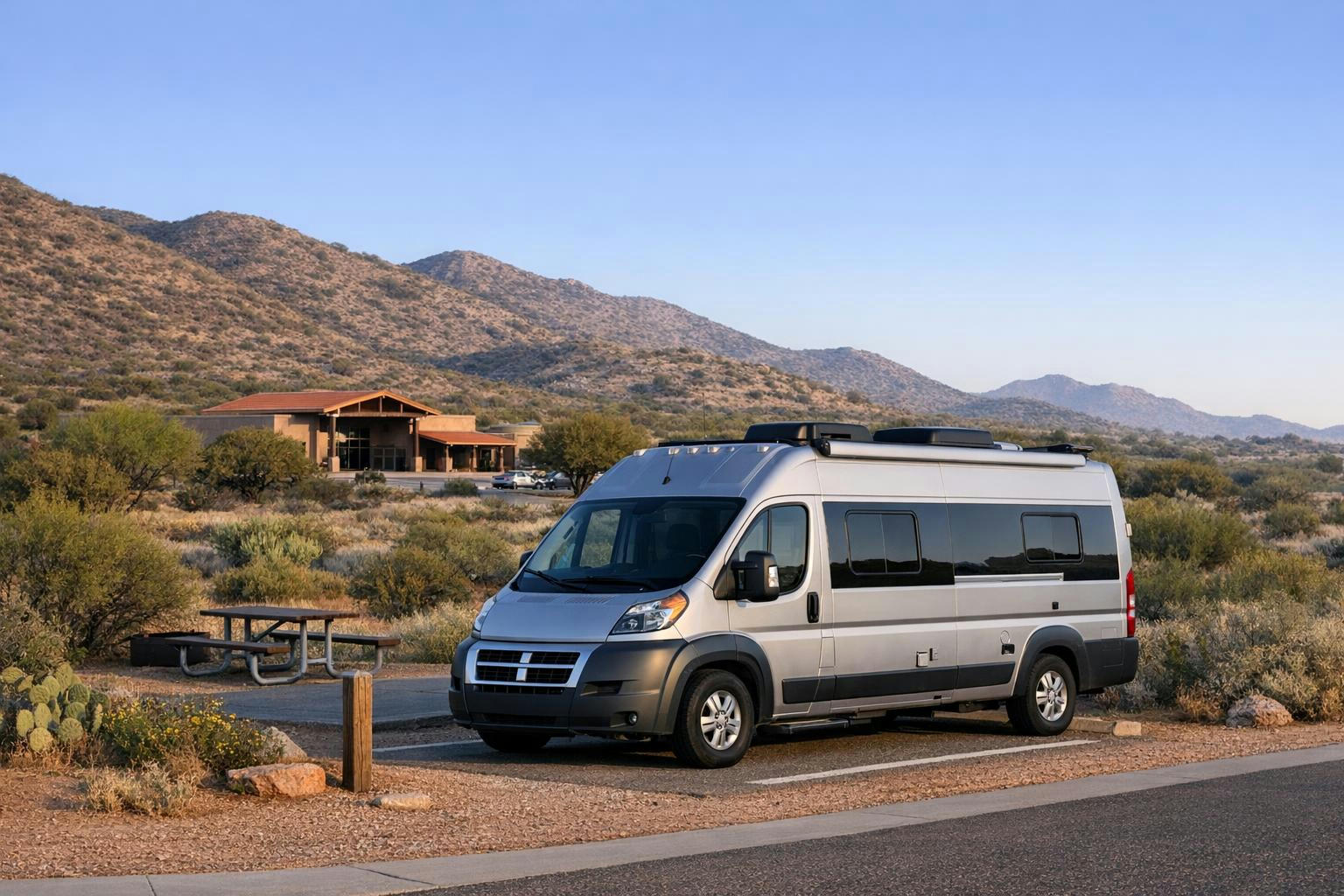 Campervan parked at Kartchner Caverns State Park campground in spring.