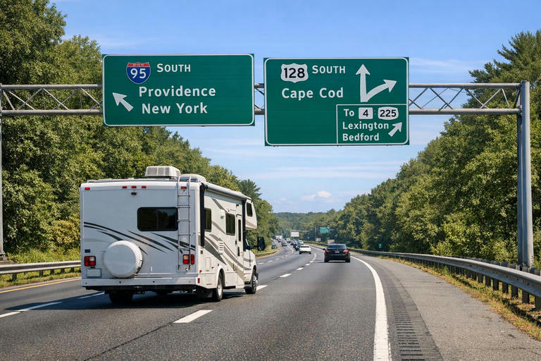 Motorhome driving south on Interstate 95 in Massachusetts on a summer day.