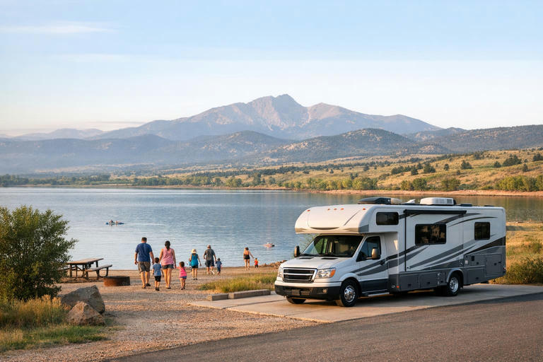 Motorhome parked at a lakeside campground near Denver with mountains in the background.