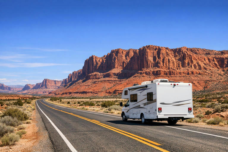 Motorhome driving on a desert highway with red rock cliffs in southern Utah.