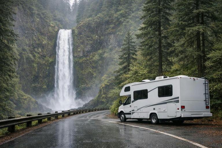 Tall waterfall in the Columbia River Gorge surrounded by evergreen forest.