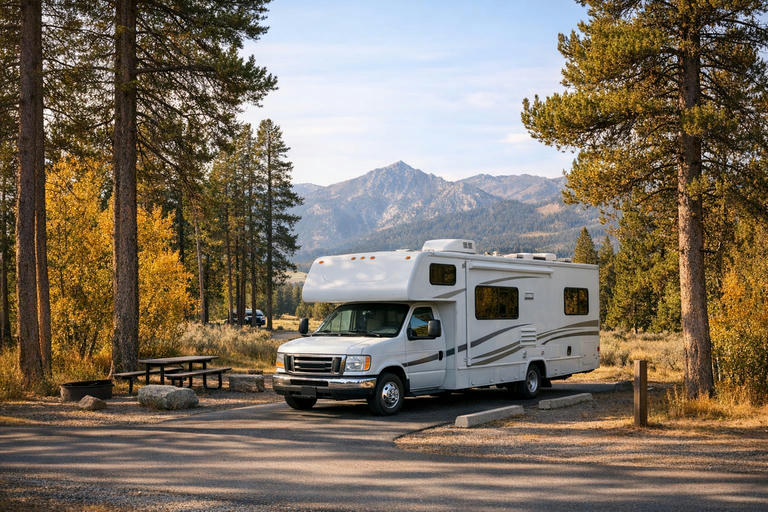 Motorhome parked at wooded Yellowstone campground in fall.