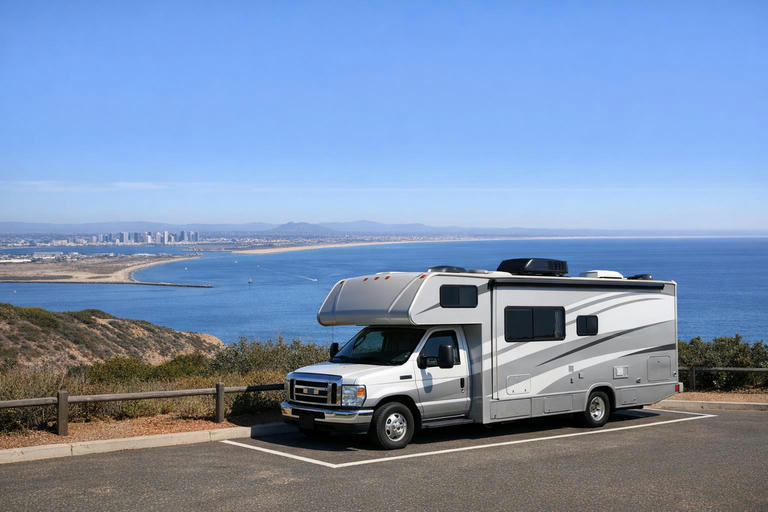 Campervan parked at Cabrillo National Monument with views over San Diego Bay.