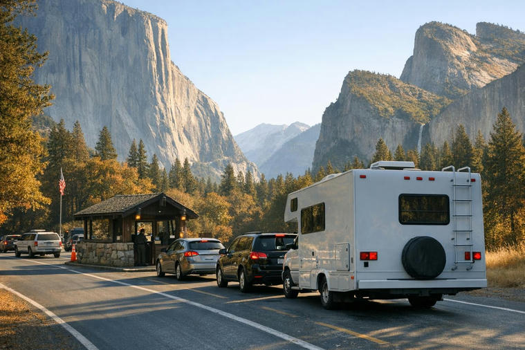 Morning vehicle line at Yosemite National Park entrance station with granite cliffs in background