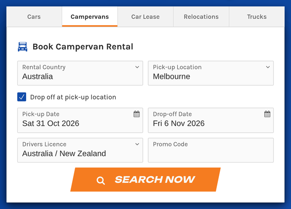 DriveNow campervan search form with Melbourne as the pick-up location.