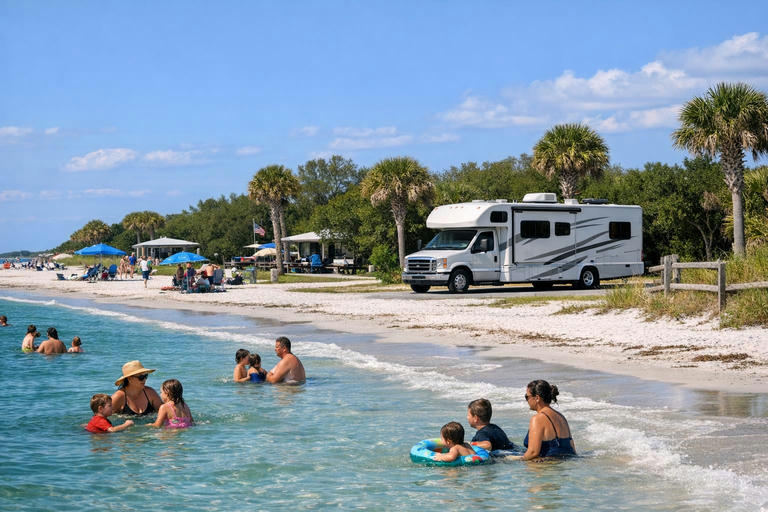 Families swimming at Fort De Soto Park with Gulf Coast beach and RV campground nearby.