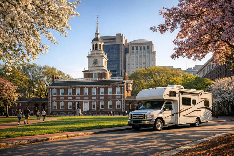 Independence Hall in spring with trees and lawn in Philadelphia.