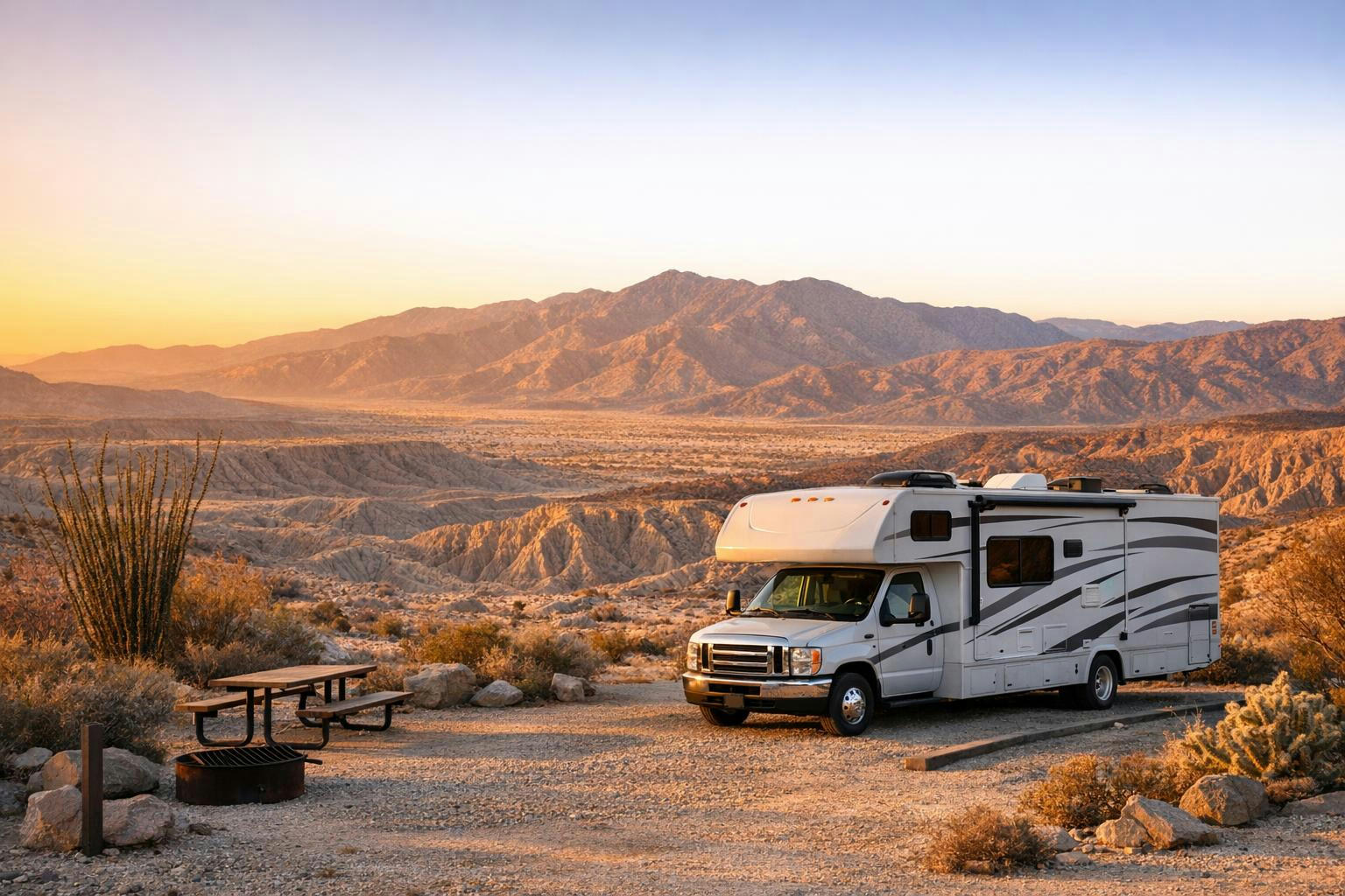 Class C motorhome at sunrise in Anza-Borrego Desert State Park badlands.