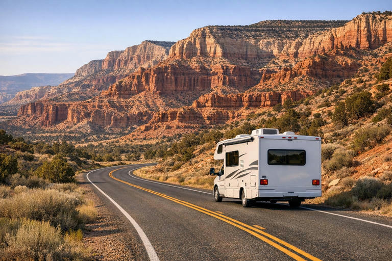 Compact motorhome traveling through southern Utah red-rock country
